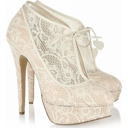 Ladies Elgant Beige Floral Lace Platform Ankle Booties Women Thin High Heels Heart Lace Up Short Boots Bridal Wedding Shoes