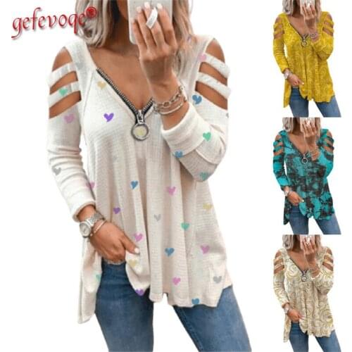 Women Sexy Hollow Out Zipper V-neck Tshirts Aesthetic Graphic Printing Club Tees Off the Shoulder Long Sleeve Autumn Tops Femmes