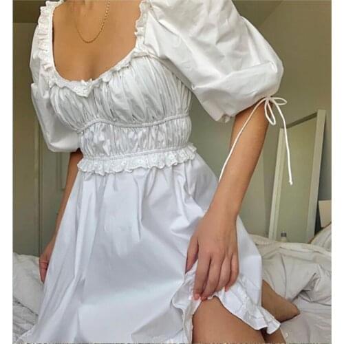 Women Princess Dress Lolita Style Ruffled White Cute Kawaii Puff Sleeve Fairy Party MIni Dress Short Sleeve High Waist Dress