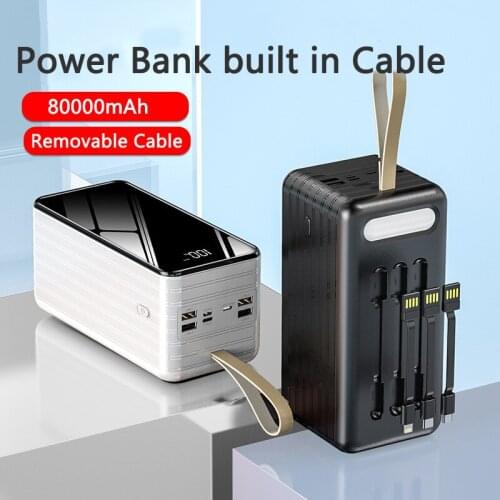 80000mAh Power Bank with Cable Mobile Phone Portable Charger Powerbank For iPhone 12 11 Xiaomi Battery Poverbank with Flashlight