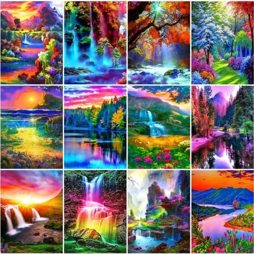 AZQSD Full Square Diamond Painting Mountain Waterfall Sunset Diamond Embroidery Landscape Mosaic Rhinestones Handmade Home Decor