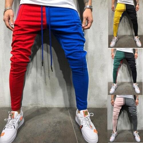 Men Fashion Patchwork Pants Contrast Color Causal Joggers Slacks Male Slim Cotton Streetwear Hip Hop Sportswear Pencil Trousers