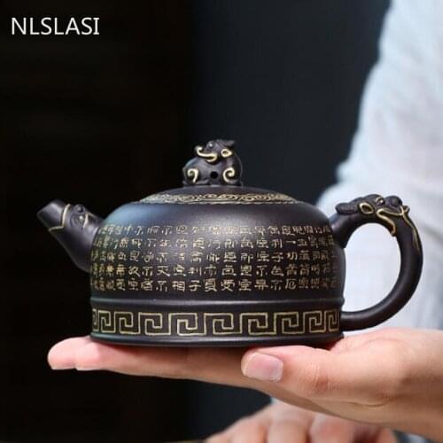 Yixing Handmade Tea Pot Text Pattern Purple Clay Teapot Raw Ore Black Mud Beauty Kettle Chinese Tea Ceremony Customized 290ml