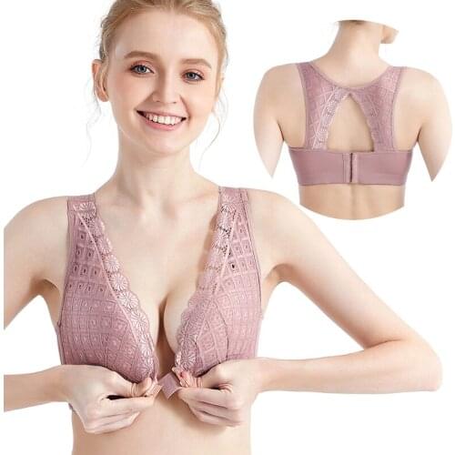 Womens plus size underwear plus size bra without steel ring front buckle beauty back bra gather sexy lace bra