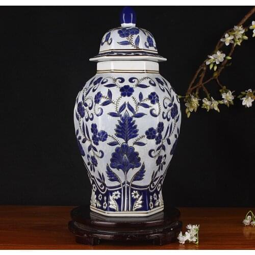 Jingdezhen Porcelain Vase Handmade Blue And White Carvings Hexagonal ceramic Ginger jar