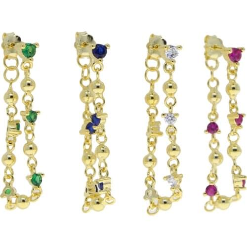 100% 925 Sterling Silver Red Blue Green White Cubic Zirconia Round Ball Beads Geometric Tassel Earring