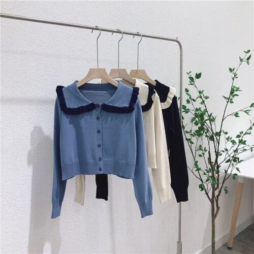 Womens knitted Cardigan vintage sweaters long sleeve fall tops Doll Collar ruffles patchwork autumn clothes cardigan sweater