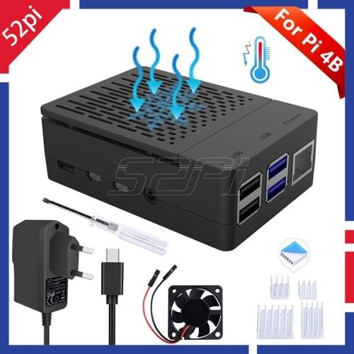 52Pi ABS Black / White / Clear Case Enclosure Cover Kit with Heatsinks and Cooling Fan 5V 3A for Raspberry Pi 4B Pi 4 Model B
