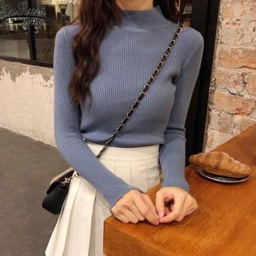 New Long Sleeve Pullover Solid Women Half Turtleneck Sweater Autumn and Winter Korean Clothes Sweet Slim Womens Knitwear 10761