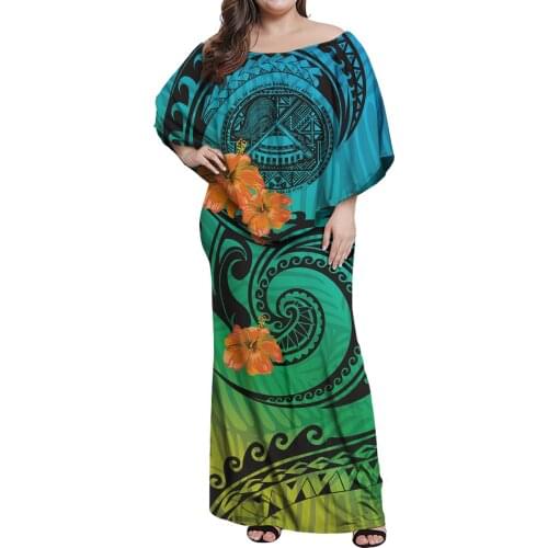 Hycool New Arrivals Fall Off Shoulder Bodycon Maxi Dress With Shawl Samoan Tribal WomenS Frill Dresses Green Plus Size Clothing