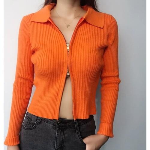 Europe Sexy Double-headed Zipper Lapel Long Sleeve Knitted Cardigan Womens Short Tops Vertical Stretch Slim Sweater M02O