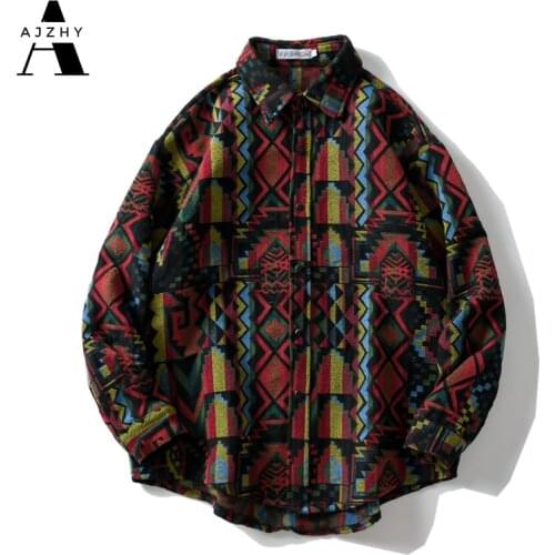 AJZHY Button Up Shirt Long Sleeve Thick Vintage Oversize Hip Hop Casual Fashion Knitted National Style Winter Warm Men Clothing