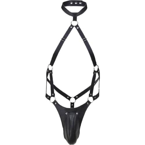 Restrain Leather Harness Mankini Cosplay Fancy Bodysuit Scrotal Support