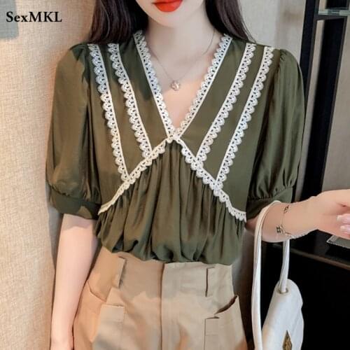 Sexy Puff Sleeve Tops Women 2021 Fashion Sweet V Neck Loose Chiffon Blouses Summer French Lace Patchwork Y2k Gothic Blusa Mujer