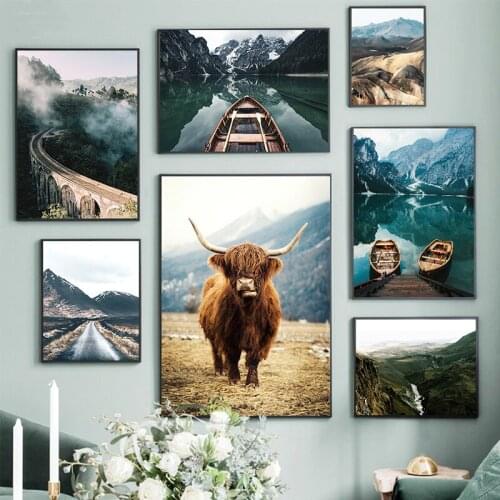 Nordic Natural Landscape Canvas Print Poster Animal Cow Lake Snow Mountain Forest Railway Wall Art Painting Decoration Picture