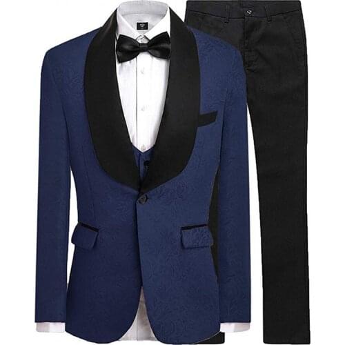 Custom Made Groomsmen Navy Blue and Black Groom Tuxedos Shawl Lapel Men Suits Wedding 3 Pieces ( Jacket+Pants+Vest+Tie ) D193