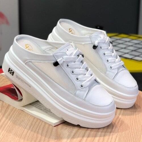 Womens Shoes Summer Mesh Cloth Breathable Thick Sole Half Slippers Flat Casual Walking Shoes Women Sneakers Flexible Convenient