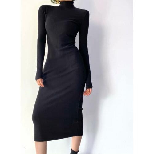 Slim-fit bag hip high-necked long-sleeved bottoming long skirt fashion temperament over the knee tight one-step dress