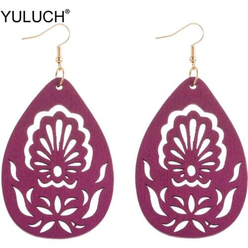 YULUCH Vintage Ethnic African Water Drop Earrings For Lady Jewelry African Indian Red Yellow Blue Hollow Wooden Pendant Earrings