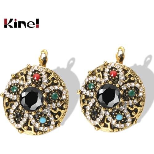 Kinel Boho Big Crystal Flower Earrings For Women Antique Gold Color Ethnic Bride Wedding Jewelry
