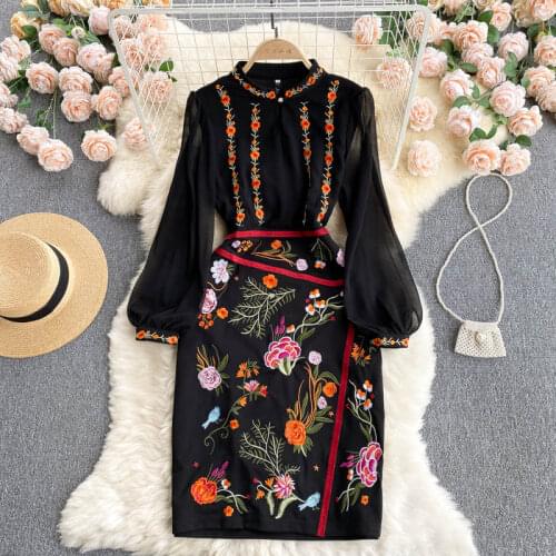 High Quality Floral Embroidery Bodycon Pencil Dress Vestido Robe Female Graceful Ladies Slim Chiffon Sleeve Patcwork OL Dress