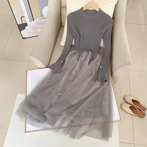 2021 New Women Long Sleeve Knitted Patchwork Mesh Dress Elegant Lady Long O-neck A-line Dressess Vestidos Winter Bottomings 1356