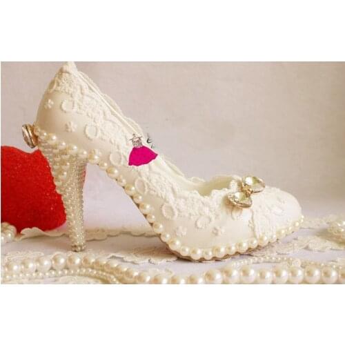 2018 Handmade Lace wedding shoe pearl shoes White Pearl sparkling diamond wedding shoes 10cm Formal Shoes High heel dress shoe