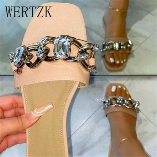 2021 Summer New Womens Shoes Outdoor Beach Open Toe Slippers Fashion Rhinestone Sexy Square Head Womens Casual Flat Sandals