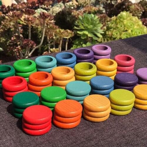 72pcs Baby Creative Coins Rings Blocks Loose Parts Rainbow Season Wood Color Sorting Stacker Kids Montessori Educational Toys