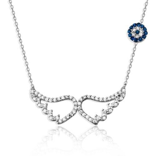 925 Sterling Silver Women Necklace with Angel Wing and Evil Eye Design