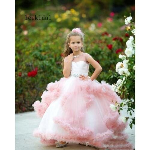 Ball Gown Beaded Illusion Neck Cap Sleeve Flower Girl Dress With Ruffles Pink Tulle Children Evening Party Gowns Infant Dresses