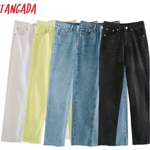 Tangada 2021 Summer Fashion Women Yellow White Jeans Pants Long Trousers 5 Color Pockets Buttons Female Pants 4M01