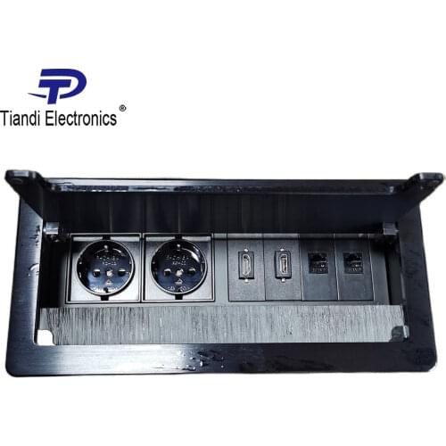 Matte black aluminium alloy panel 2-bit EU power plug brush clamshell information box table socket + Dual HDMI network interface