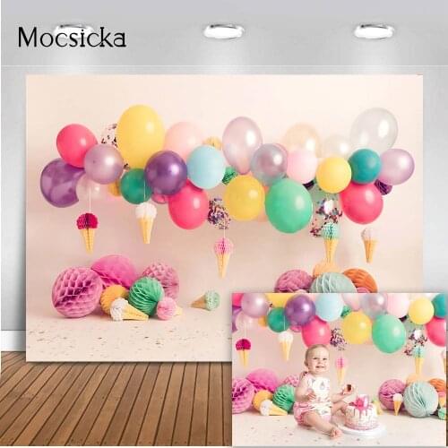 Ice Cream Cake Smash Birthday Portrait Photo Backdrop 1st Birthday Party Balloons Newborn Baby Kids Photo Shoot Background Props