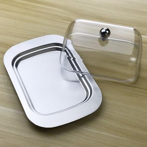 Butter Dish Cheese Box keeper Container Storage With See-through Acrylic Lid Stainless Steel Tray Butter Cream Container Plate