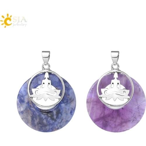 CSJA Chakras Yoga Round Pendants for Necklace Natural Stone Tiger Eye White Pink Crystal Quartz Lapis Lazuli Reiki Jewelry F850