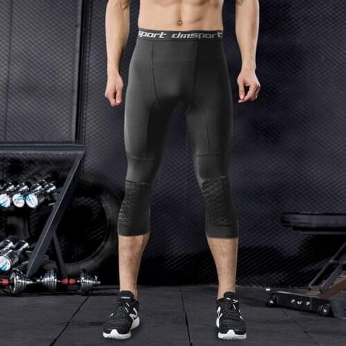 Summer Mens Basketball Anti-Collision Pants 3/4 Tights Leggings With Knee Pads Quick Dry Safety Leggings Girdle Training