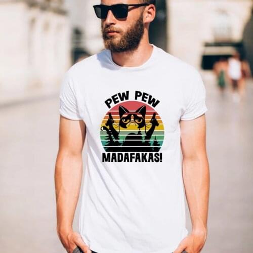 2021 Hot Sale Pew Pew Madafakas Print T-Shirt Crazy Cat Pistols Printed Tops Fashion Casual Funny Cat Black White Harajuku Tee