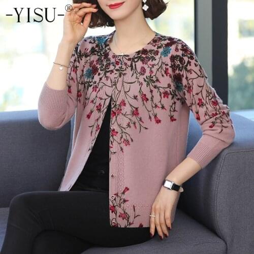 YISU Fashion Printed Cardigan O-Neck Long sleeve Coat Autumn Winter High Quality Sweater Loose Knitted Floral cardigan Women