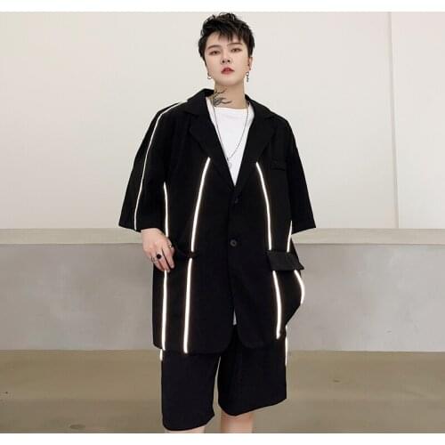 Summer wear personalized reflective strip design Korean mens loose short sleeve suit trendy mens 5-sleeve suit coat