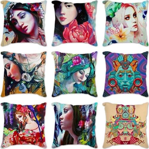 Fashion Woman Decorative Cushion Cover Cotton Linen Square Throw Pillow Cover Cartoon girl pillowcases Case Home Office Car Sofa