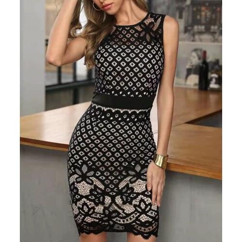 2021 Summer New Evening Dress Womens Sleeveless Stitching Slim Hollow Lace Dress
