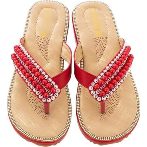 New Fashion Womens Summer Bohemia Flip Flops Women boho Pearl Sandals Slippers Low Heel 36-42