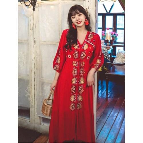 Summer New Ins Fashion Dress Bohemian Beach Style Retro Embroidered Cardigan-Style Button-Down Lantern Sleeve Long Dress