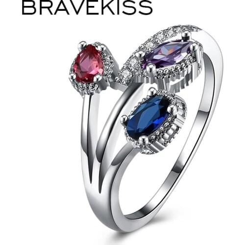 BRAEVKISS 3 Stone Engagement Rings for Women Girls Wedding CZ Fashion Jewelry Accessories Water Drop Shape Big Stone BUR0440