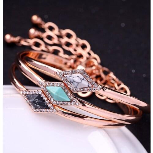 Bulk Price White Black Green Synthetic Stone Bangles New 2017 Rose Gold Color Cuff Bracelet For Women Jewerly