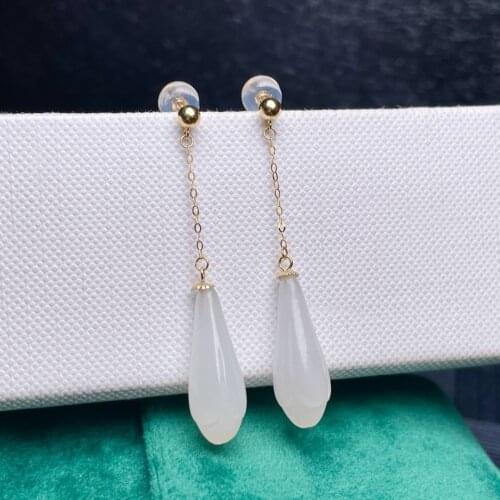 SHILOVEM 18k yellow gold real Natural white Jasper drop earring classic fine Jewelry women wedding gift 8*19mm myme0819556hby