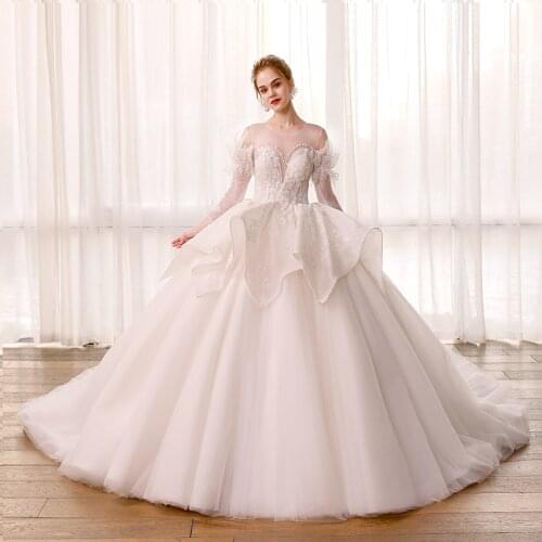 SL-8177 elegant wedding ball gowns with long sleeves lace tiered skirts long dress for bride tulle wedding dresses 2021robe