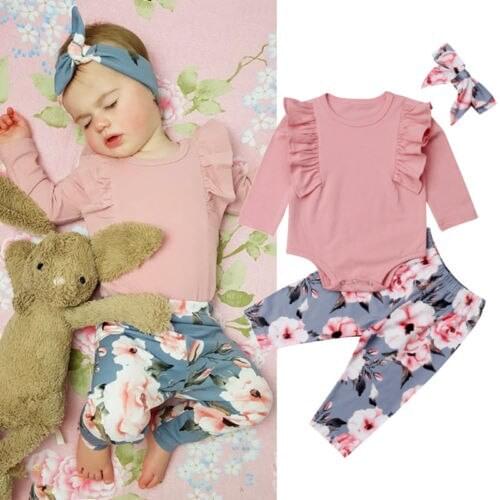 Newborn Kids Baby Girls Flower Top Romper Long Pants Headband Outfits Clothes AU