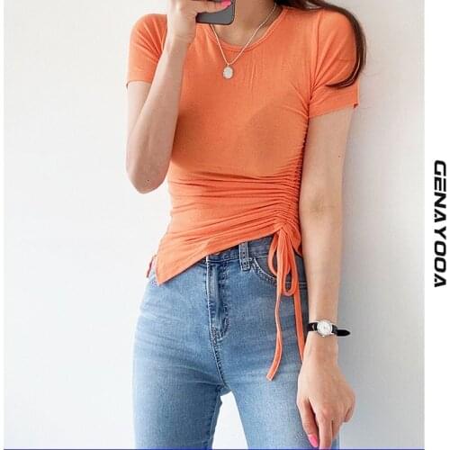 Genayooa Skinny Sexy Lace Up T Shirt Women Tops Summer 2021 Korean Irregular Hem Harajuku T-shirt Women Clothes Tee Shirt Femme